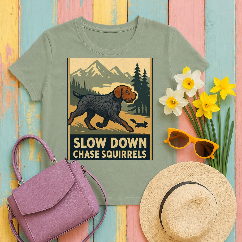 Wirehaired Pointing Griffon Slow Down Chase Squirrels T-shirt in Sage