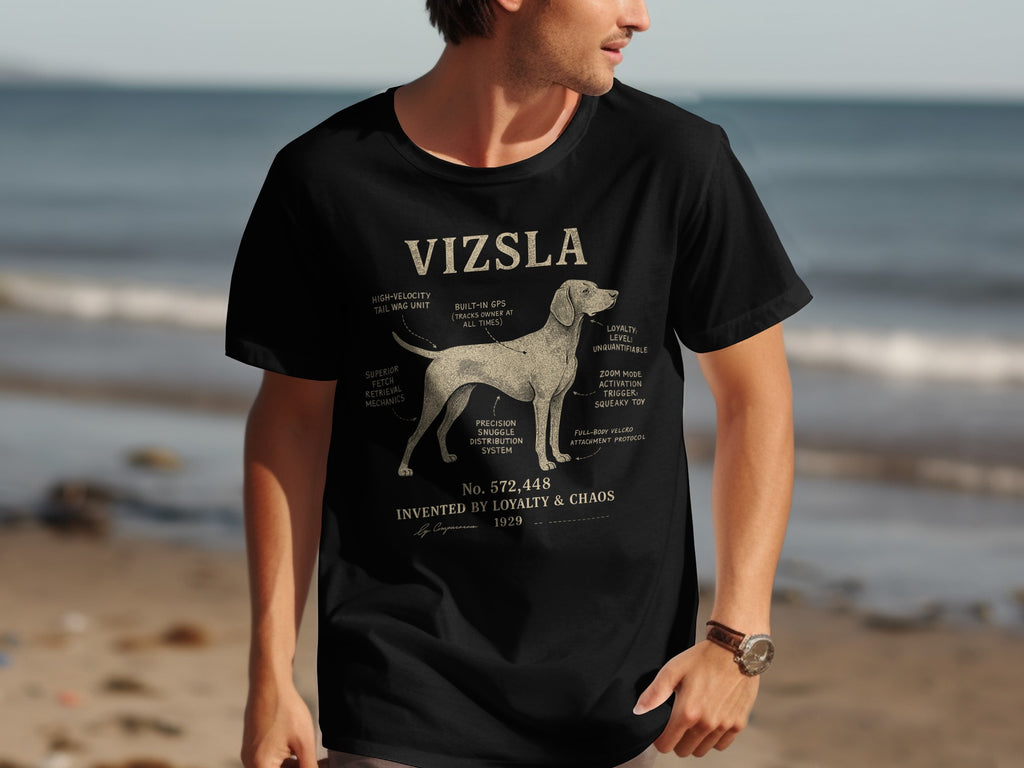 Vizsla t-shirt with humorous dog features and details.