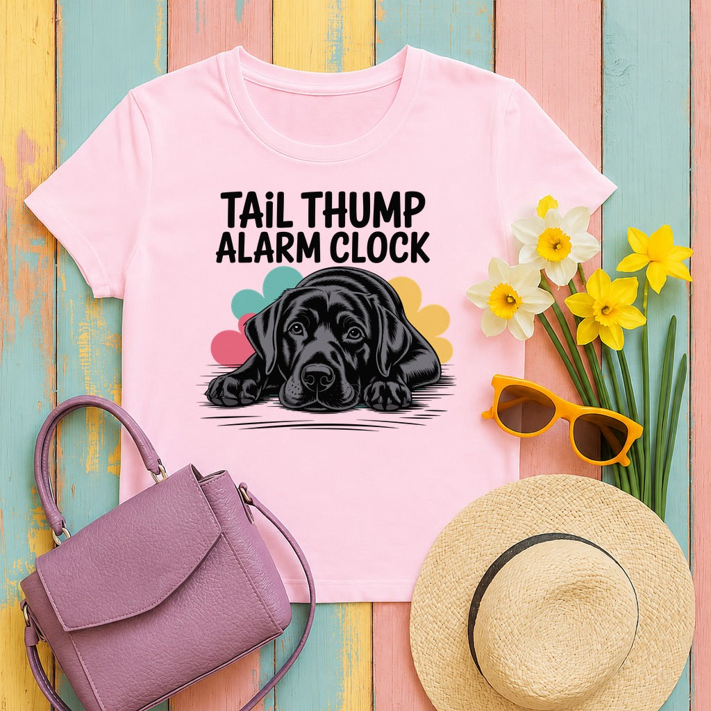 Tail Thump Alarm Clock Black Lab T-Shirt in Light Pink
