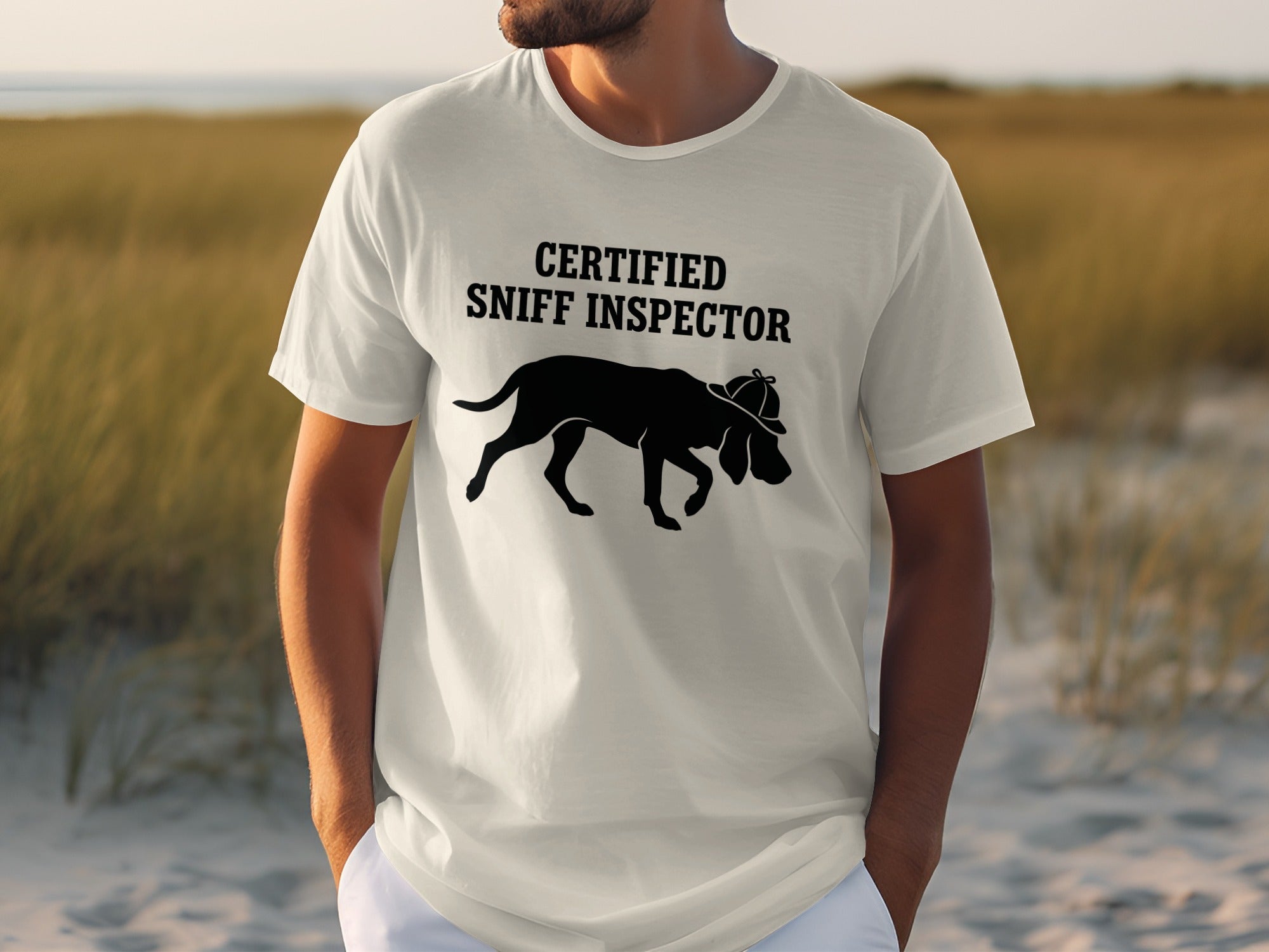 White t-shirt with "Certified Sniff Inspector" and a dog graphic.