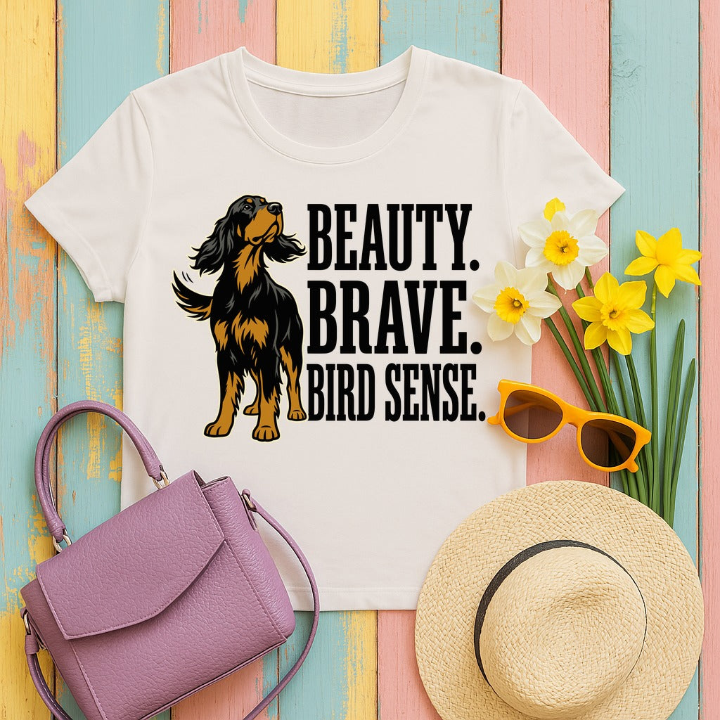 Beauty. Brave. Bird Sense. Gordon Setter T-Shirt in Ice Grey