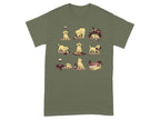 Nine cartoon yellow labs with wine bottles, glasses, and picnic items.