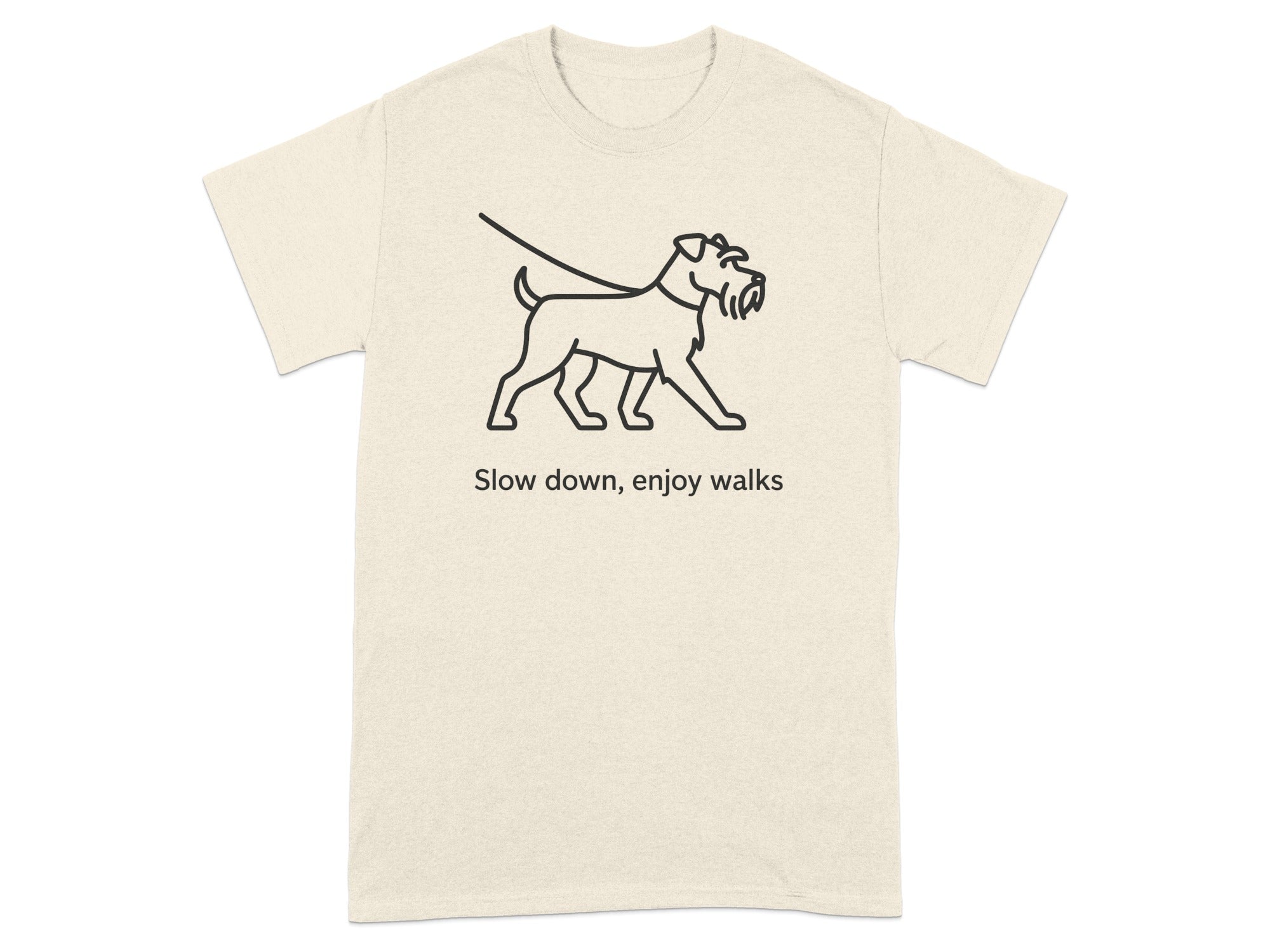 T-shirt with line drawing of a dog on a leash and text "Slow down, enjoy walks".