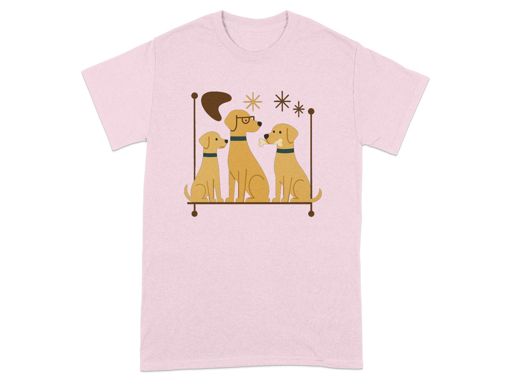 A pink t-shirt with a graphic of three cartoon dogs sitting on a shelf, one with glasses.