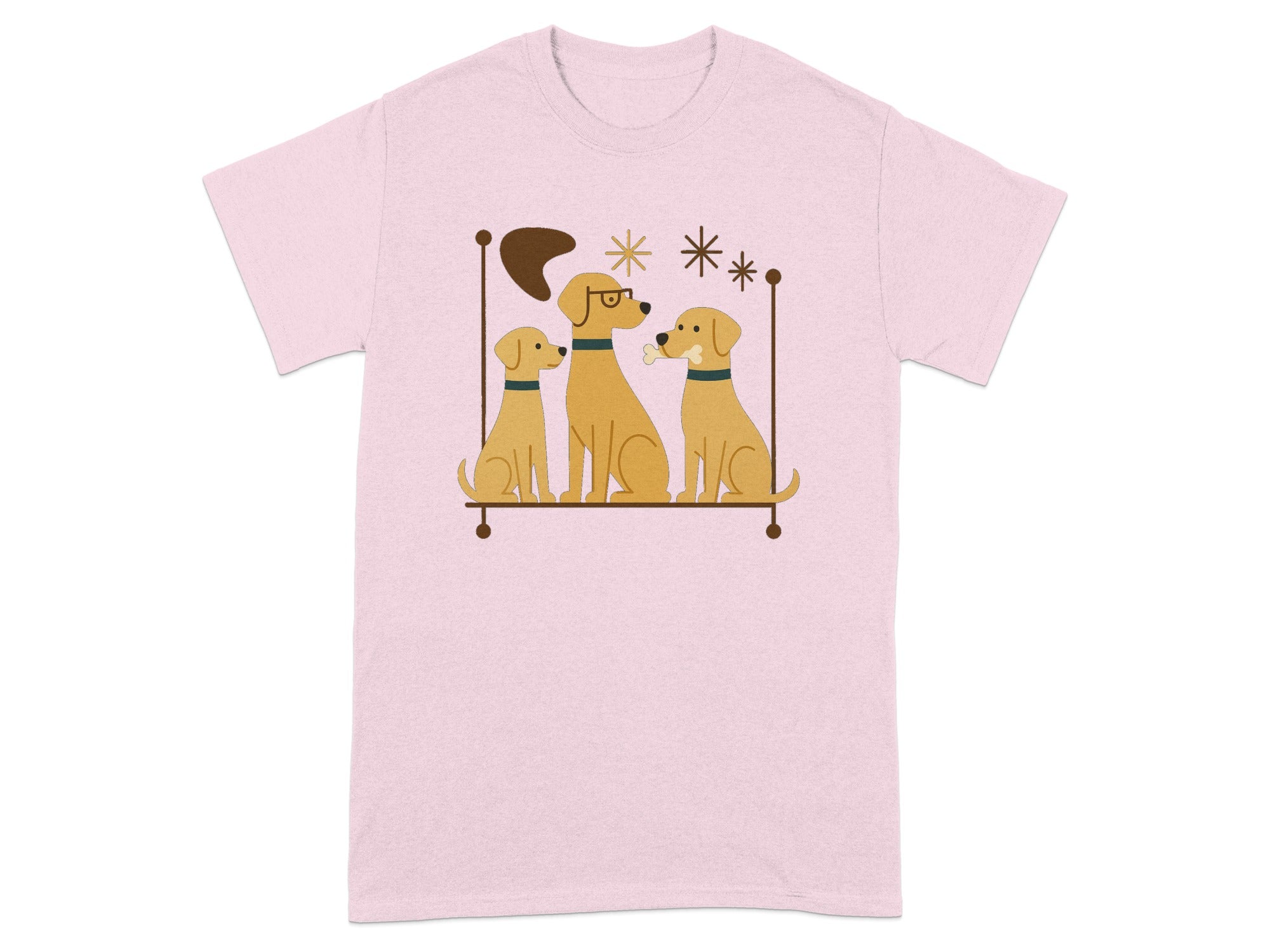 A pink t-shirt with a graphic of three cartoon dogs sitting on a shelf, one with glasses.
