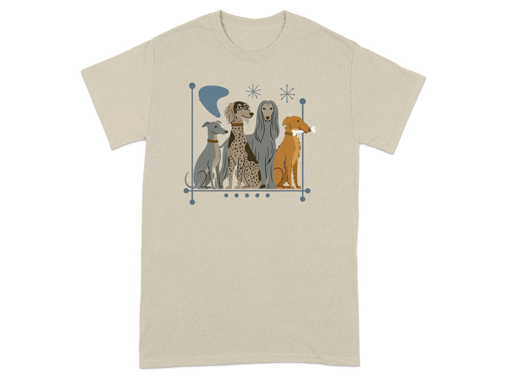 T-shirt featuring mid-century modern illustration of four dogs sitting in a row.