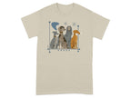 T-shirt featuring mid-century modern illustration of four dogs sitting in a row.
