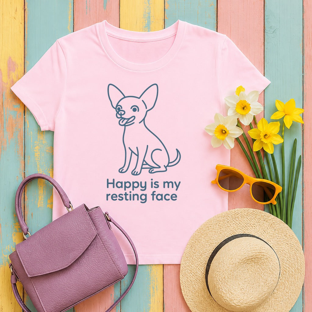 Happy Is My Resting Face - Funny Chihuahua T-shirt in Light Pink