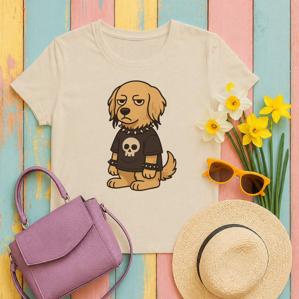 Goth Punk Golden Retriever In Skull Shirt T-Shirt in Sand