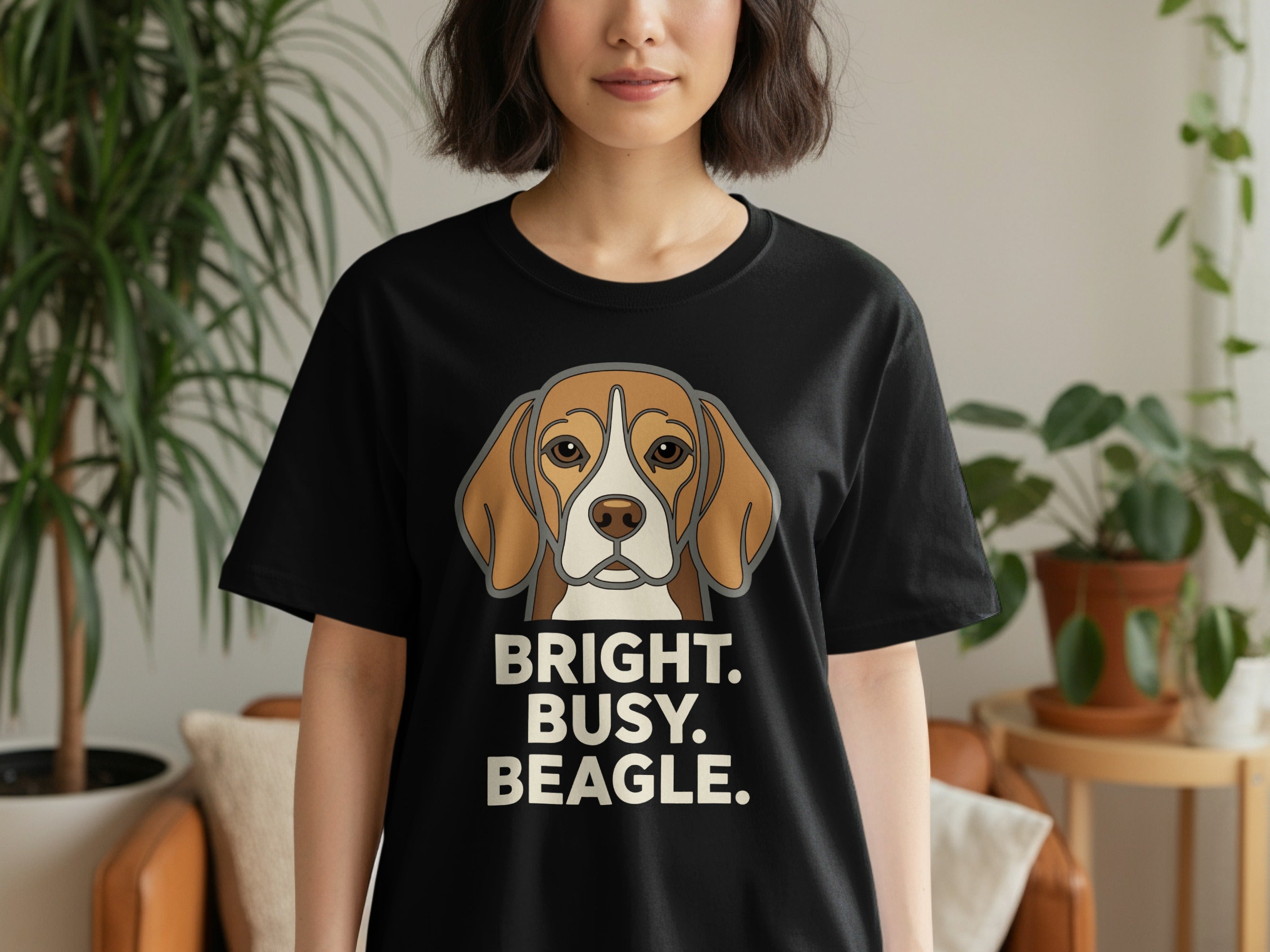 Black t-shirt with Beagle dog face and "BRIGHT. BUSY. BEAGLE." text.