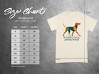 Size chart for Gildan 5000 heavy cotton t-shirt with dog graphic.