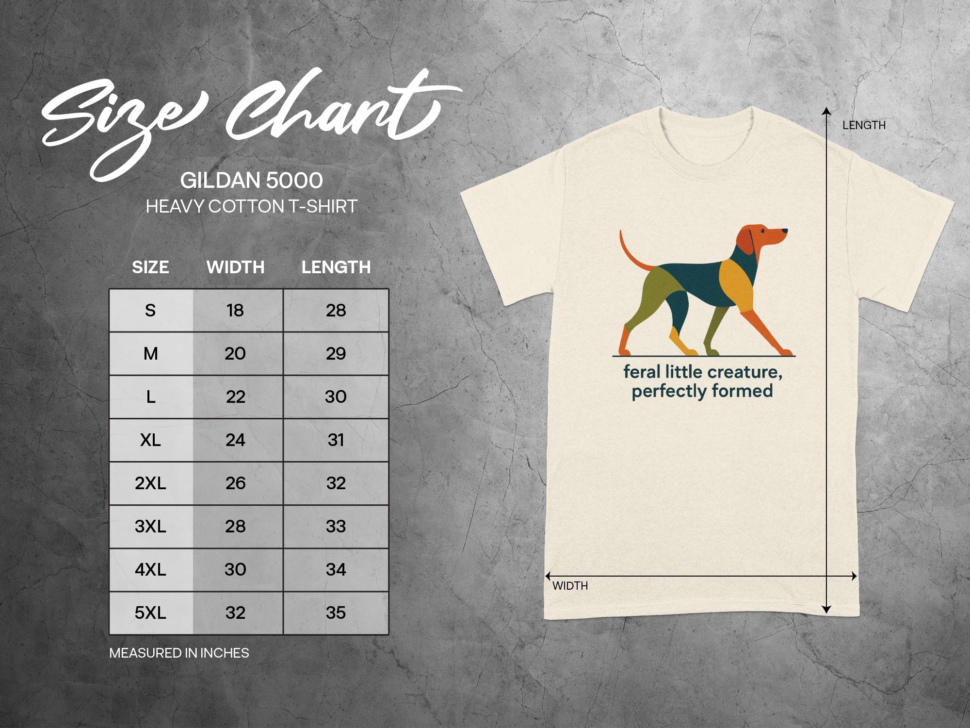 Size chart for Gildan 5000 heavy cotton t-shirt with dog graphic.