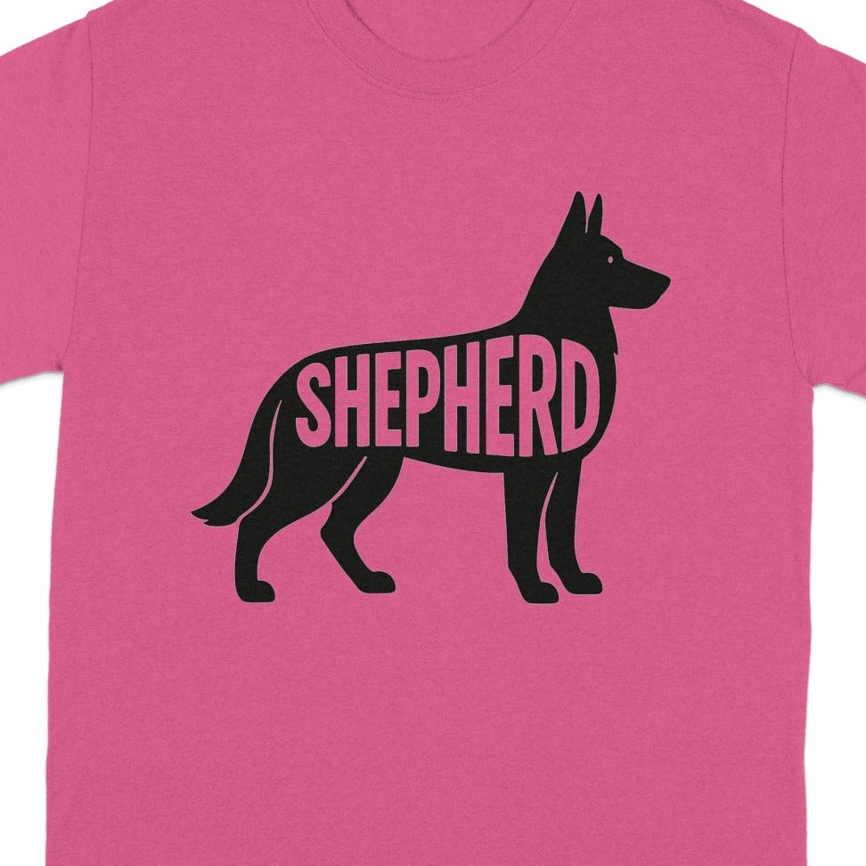 Pink t-shirt with a black German Shepherd silhouette containing the word "SHEPHERD".