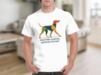 White t-shirt with abstract dog graphic and text "feral little creature, perfectly formed".