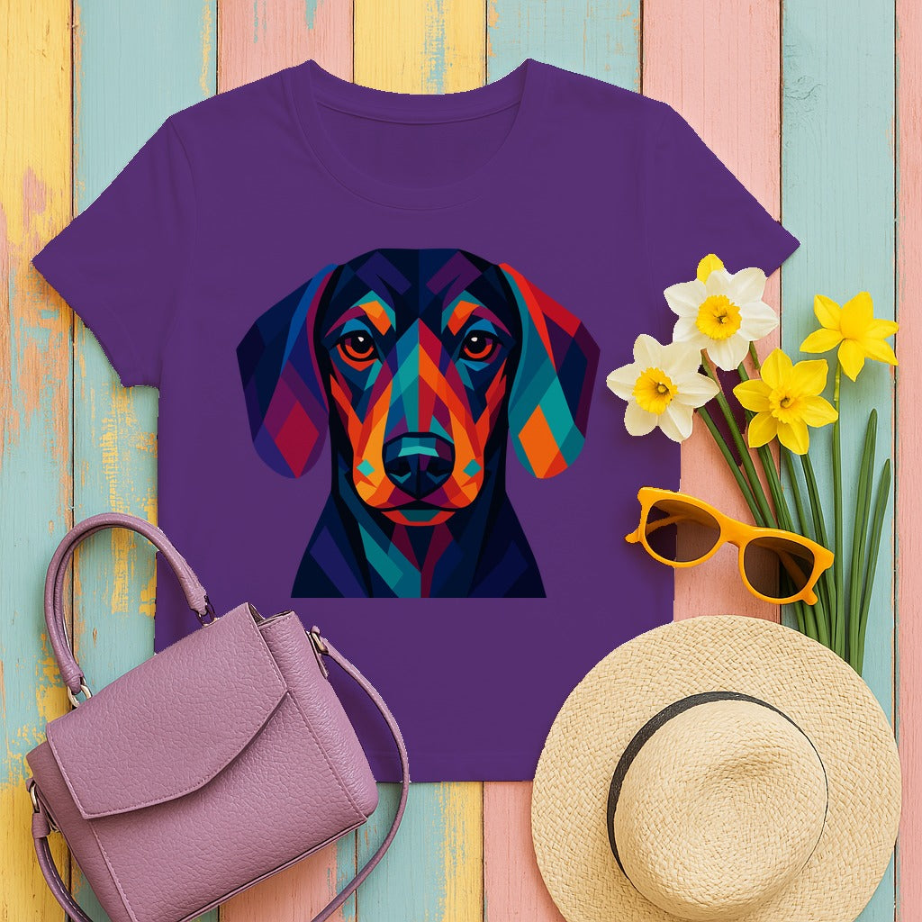 Colorful Geometric Dachshund Graphic Art Design T-Shirt in Purple