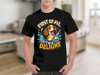 Black t-shirt with a beagle puppy splashing in water saying "First of all, I'm a delight."