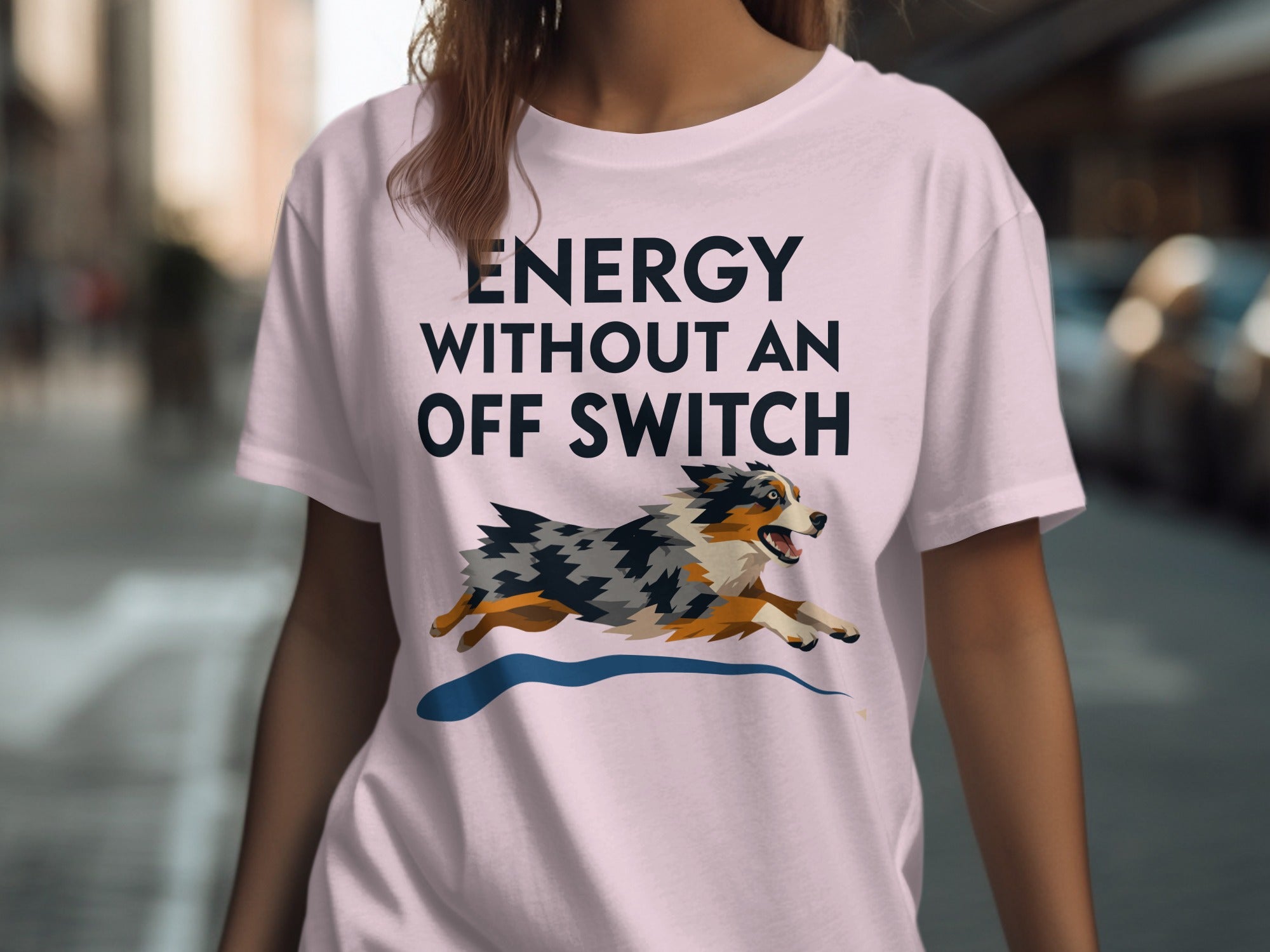 Light pink t-shirt with "ENERGY WITHOUT AN OFF SWITCH" and running dog graphic.