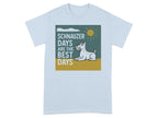 Schnauzer Days are the Best Days text with a dog and sun on a light blue t-shirt.