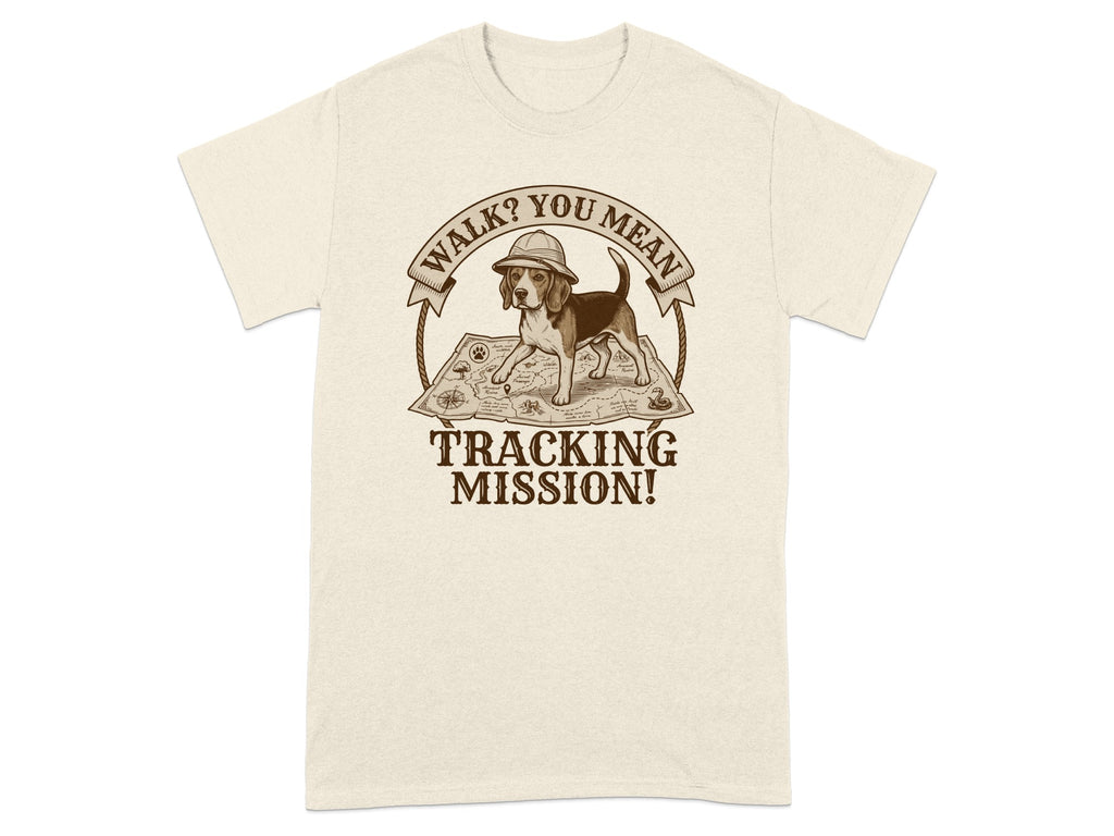 Beagle wearing a hat stands on a map, text reads "WALK? YOU MEAN TRACKING MISSION!"