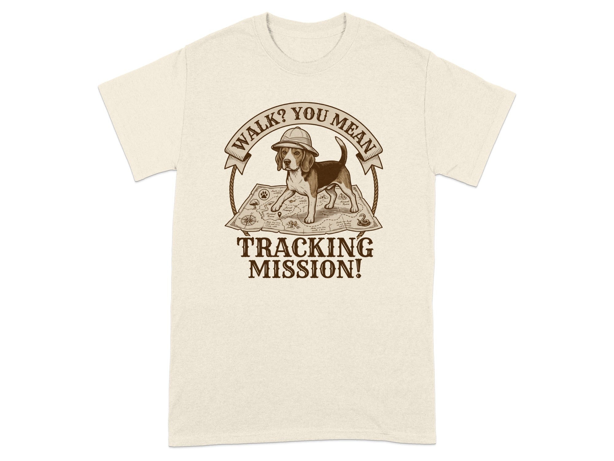 Beagle wearing a hat stands on a map, text reads "WALK? YOU MEAN TRACKING MISSION!"