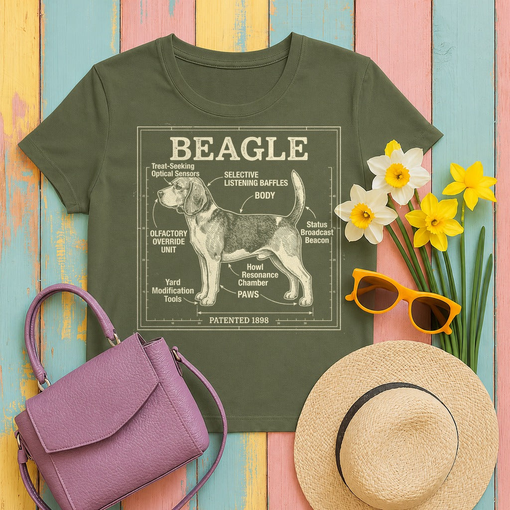 Whimsical Beagle Blueprint T-Shirt in Military Green