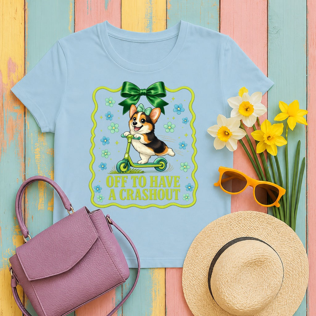 Happy Corgi Scooter "Crashout" T-Shirt in Light Blue