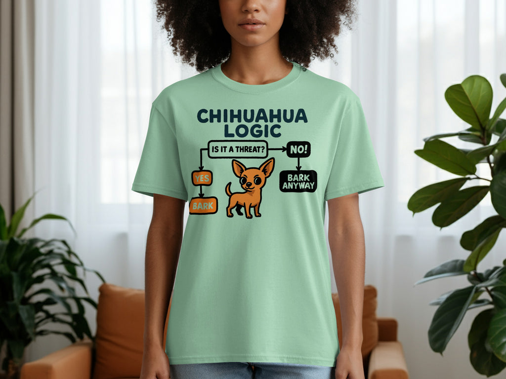 Chihuahua Logic flowchart on a light green t-shirt with a cartoon dog.