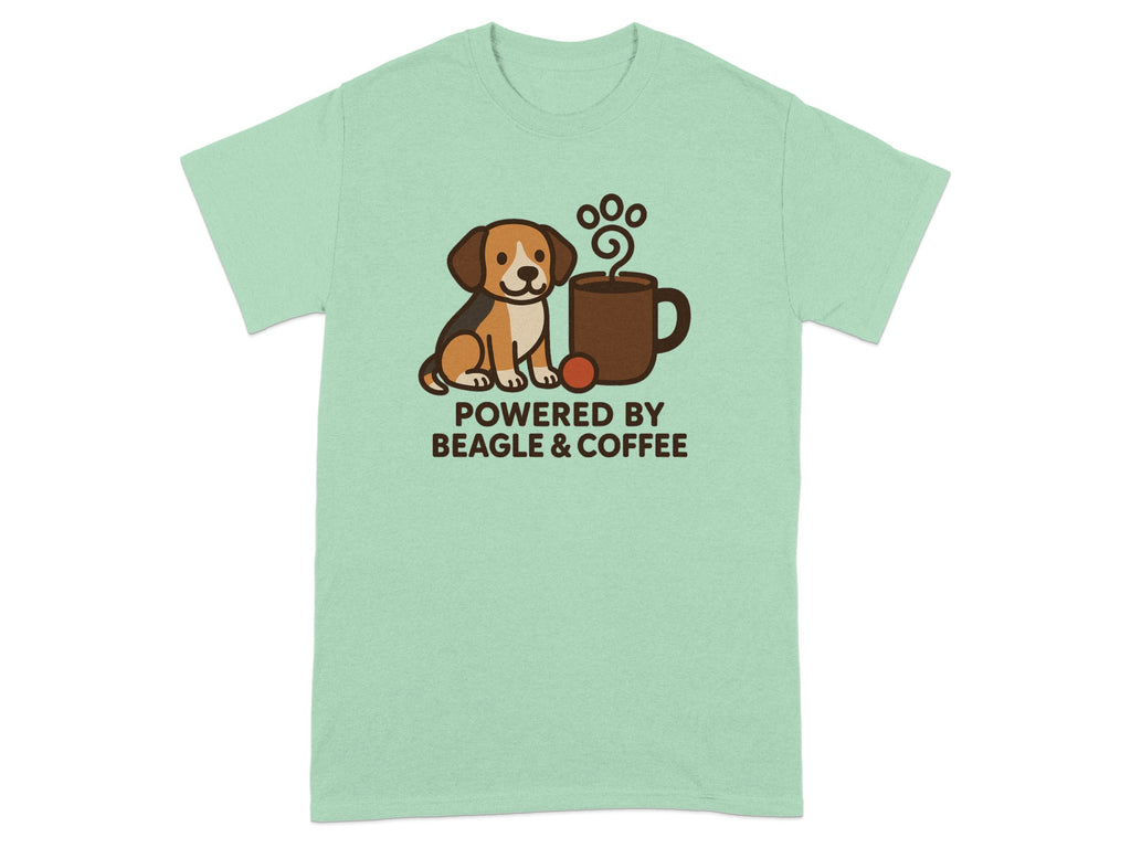 Shirt with beagle and coffee cup graphic and text "POWERED BY BEAGLE & COFFEE".