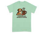 Shirt with beagle and coffee cup graphic and text "POWERED BY BEAGLE & COFFEE".