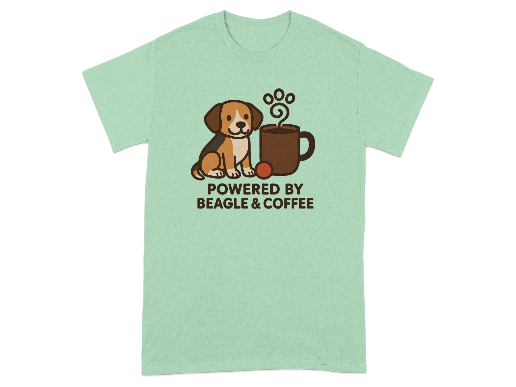 Shirt with beagle and coffee cup graphic and text "POWERED BY BEAGLE & COFFEE".