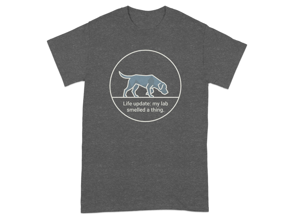 Dark gray t-shirt with a circular graphic of a dog and text.