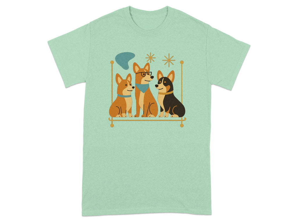 Three corgis sit together on a minimalist platform with retro-style decorations.