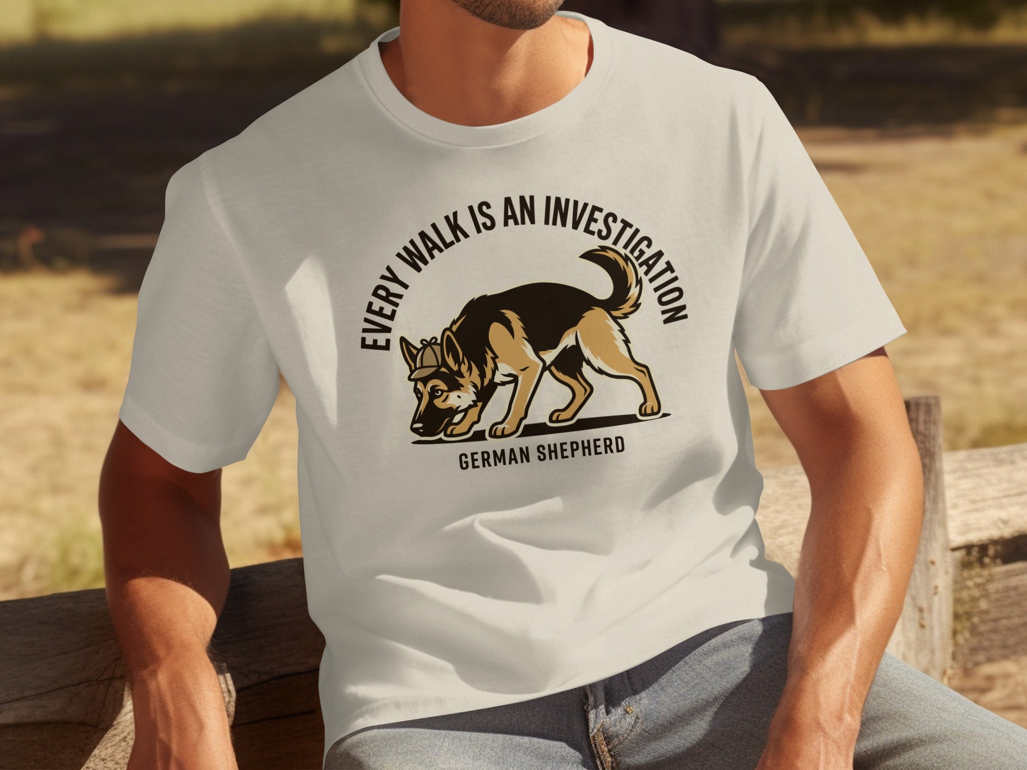 T-shirt with German Shepherd graphic and text "EVERY WALK IS AN INVESTIGATION".
