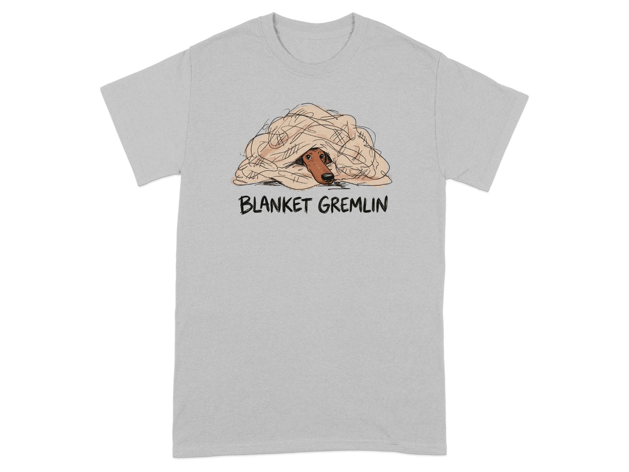 Grey t-shirt with cartoon dog peeking out of a blanket with "BLANKET GREMLIN" text.