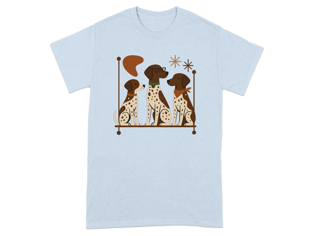 Three dalmatian dogs sitting together on a bench, one wearing glasses.