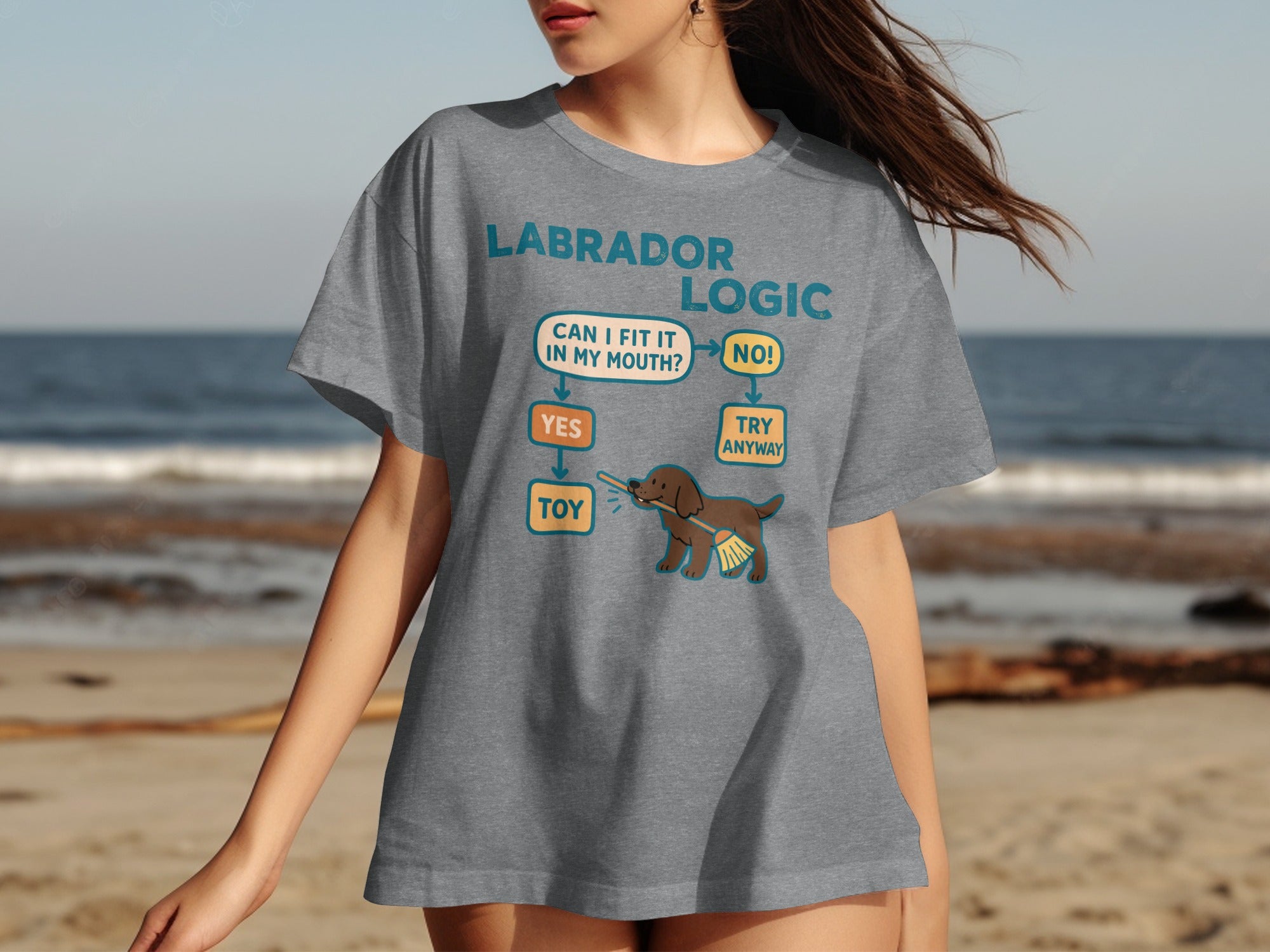 Labrador Logic flowchart: Can I fit it in my mouth? Yes/No, with toy outcome.