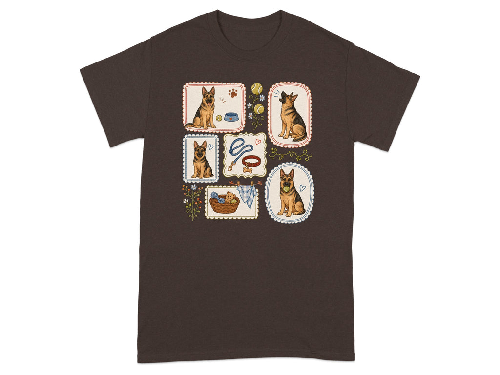 Collage of illustrated German Shepherds in various scenes with dog-themed items on a brown t-shirt.