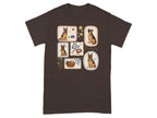 Collage of illustrated German Shepherds in various scenes with dog-themed items on a brown t-shirt.