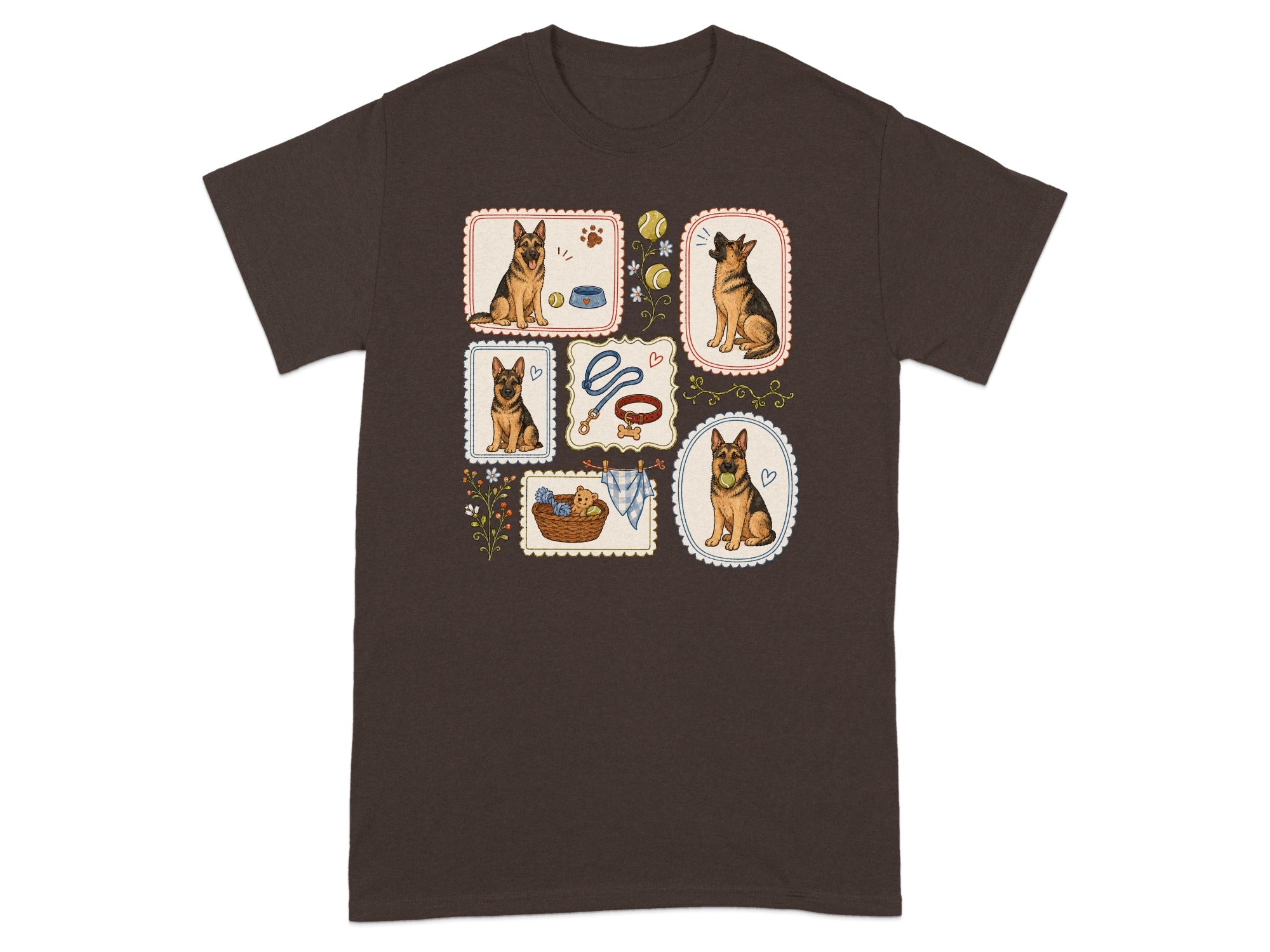 Collage of illustrated German Shepherds in various scenes with dog-themed items on a brown t-shirt.