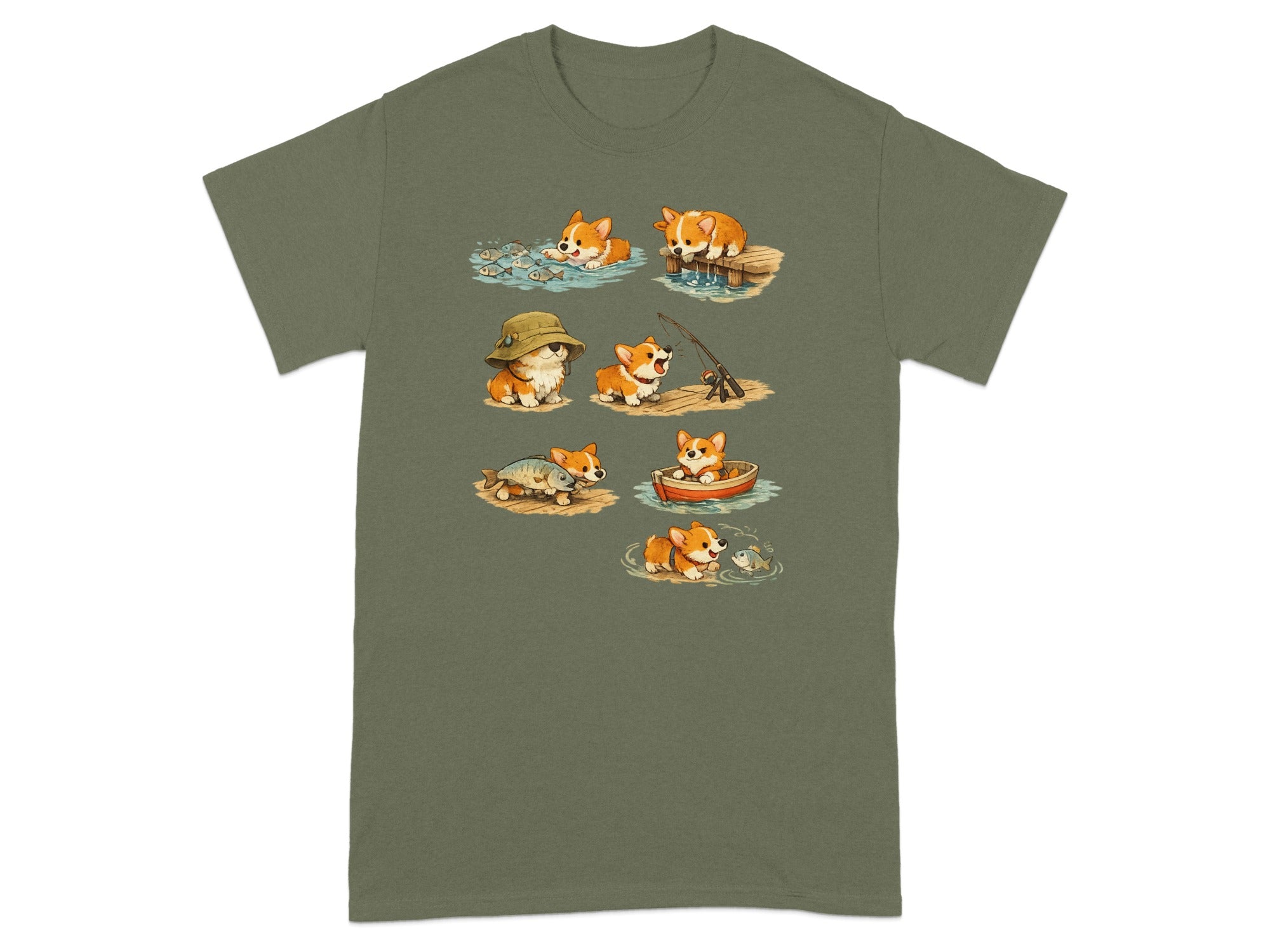 Adorable corgis fishing in various whimsical scenarios, including water, a boat, and on a dock.