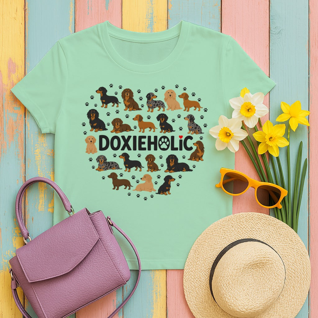 Doxieholic Heart Dachshund T-Shirt in Mint Green
