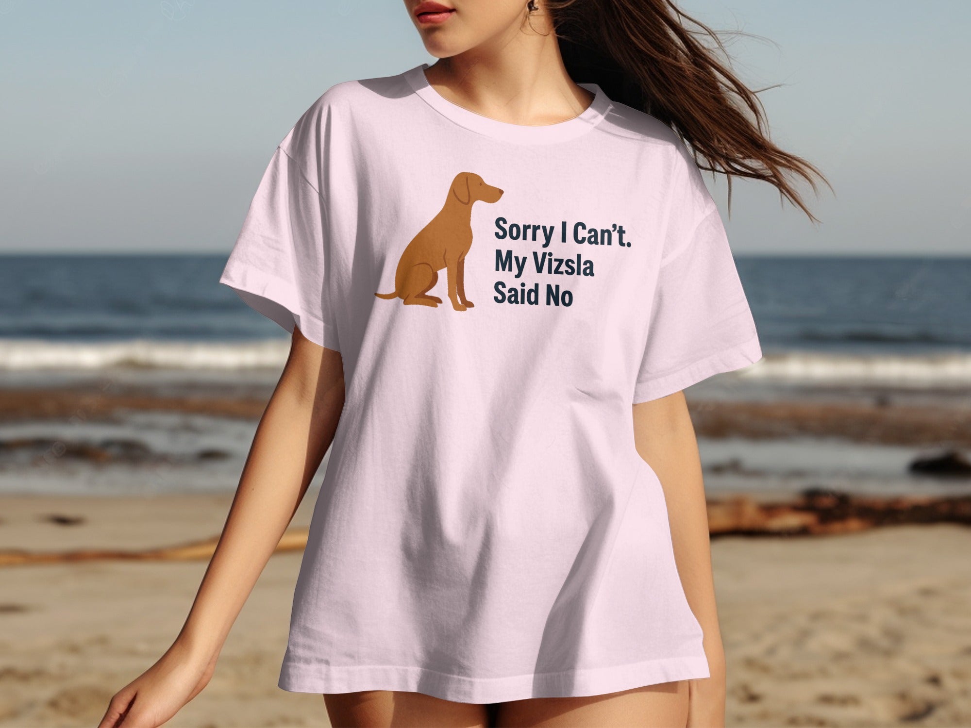 Pink t-shirt with brown Vizsla illustration and text "Sorry I Can't. My Vizsla Said No."