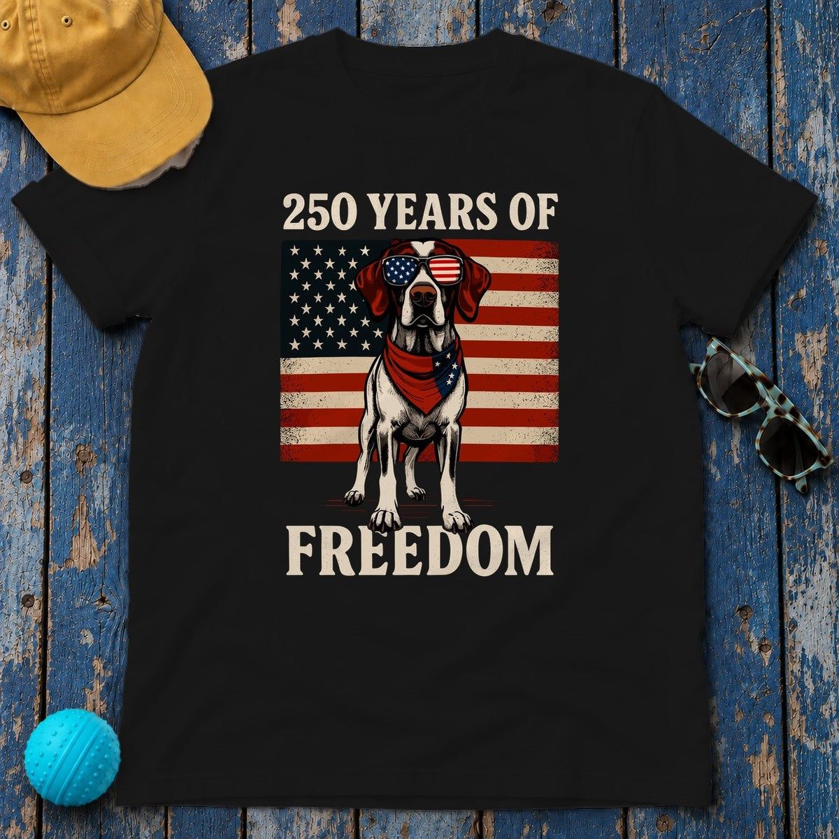 250 Years Of Freedom Patriotic German Shorthaired Pointer With American Flag T-Shirt in Black