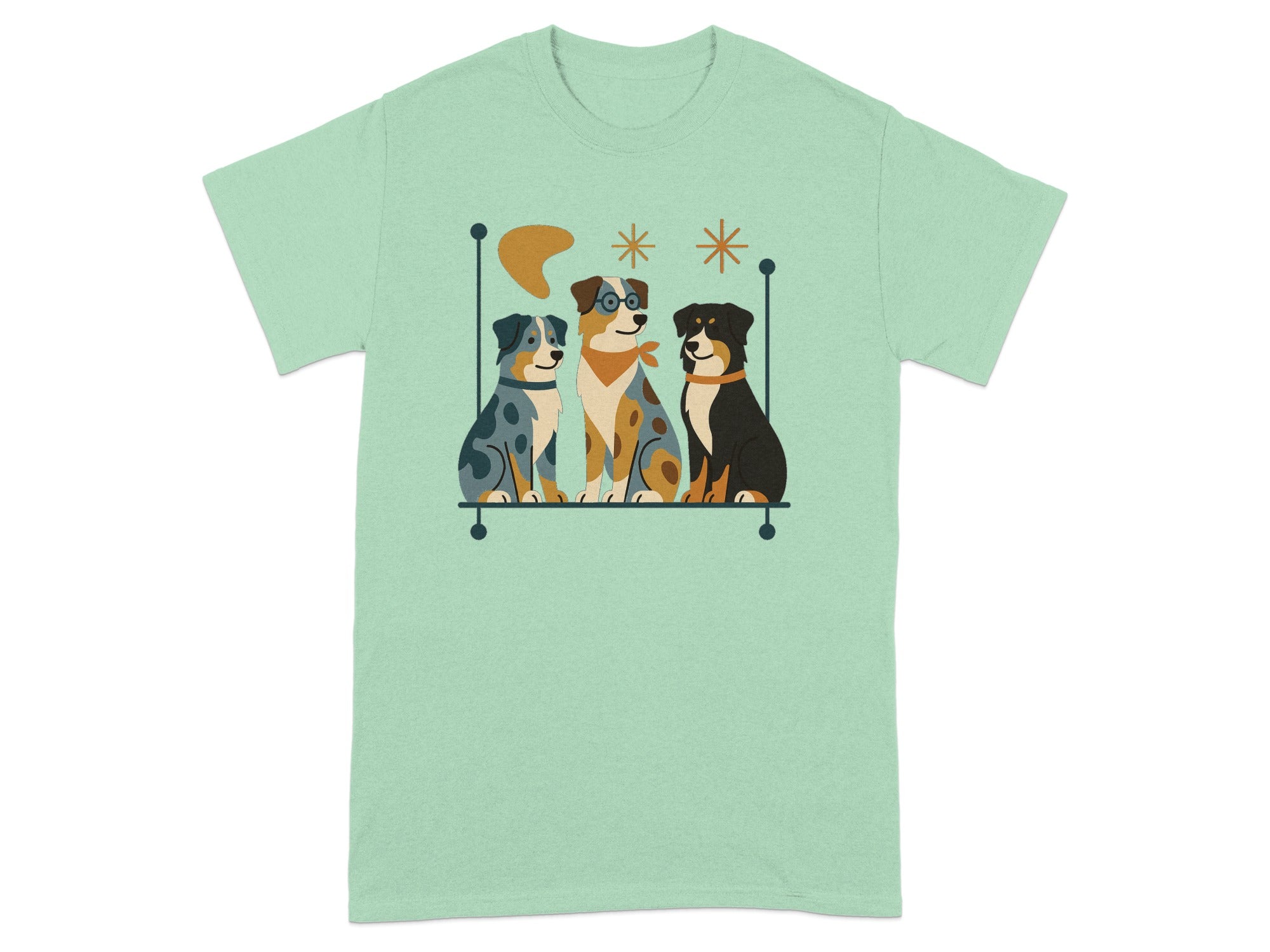 Three dogs sitting on a shelf with mid-century modern graphic elements.