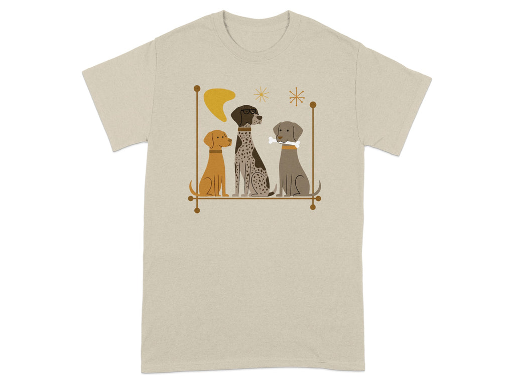 Three dogs, one tan, one brown and white, one gray and white, sit on a shelf.