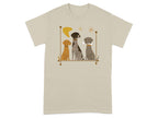 Three dogs, one tan, one brown and white, one gray and white, sit on a shelf.