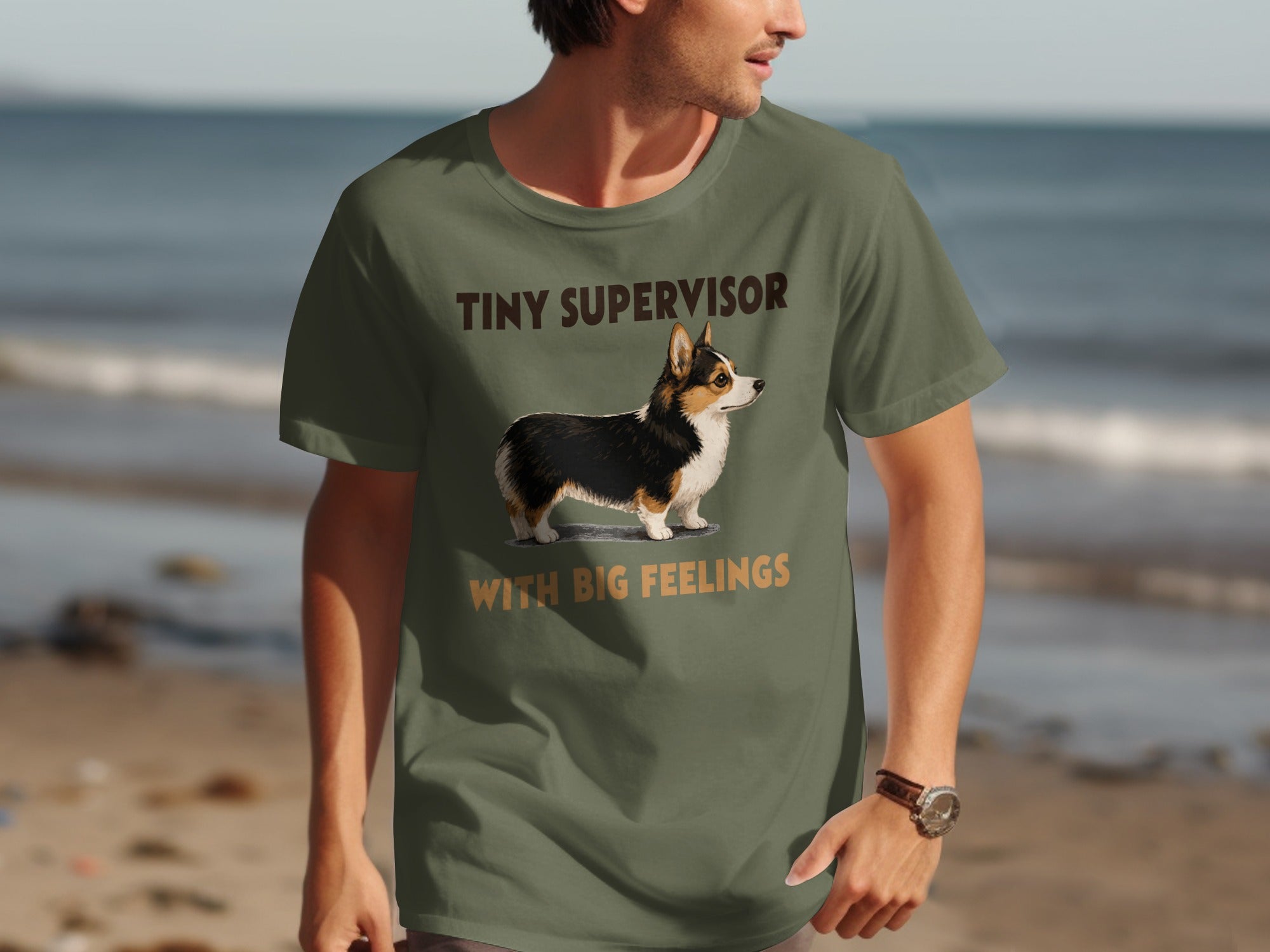 Green t-shirt with "TINY SUPERVISOR WITH BIG FEELINGS" and a Corgi illustration.