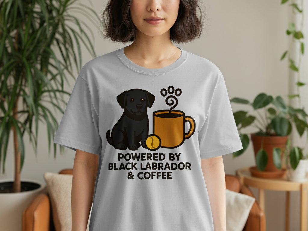 "Powered by Black Labrador & Coffee" graphic on a light gray t-shirt.