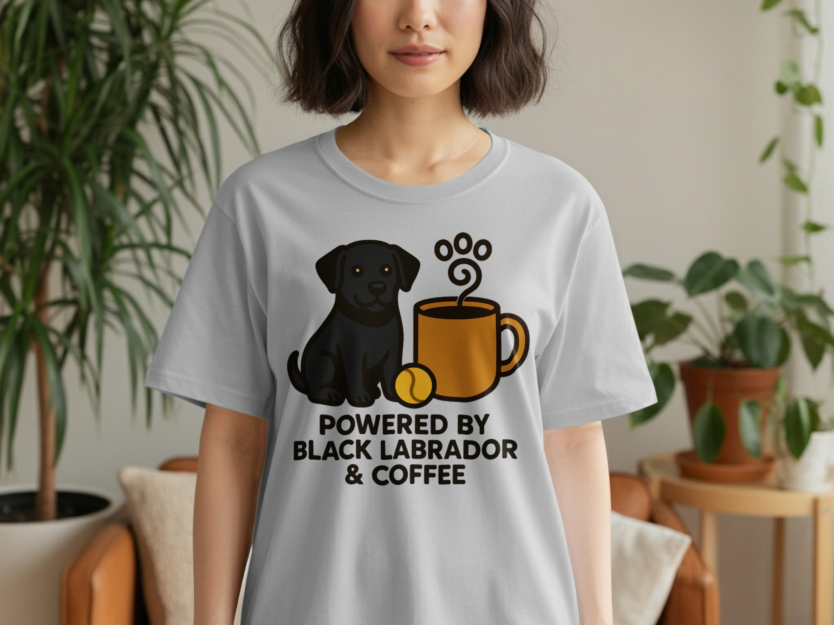 "Powered by Black Labrador & Coffee" graphic on a light gray t-shirt.