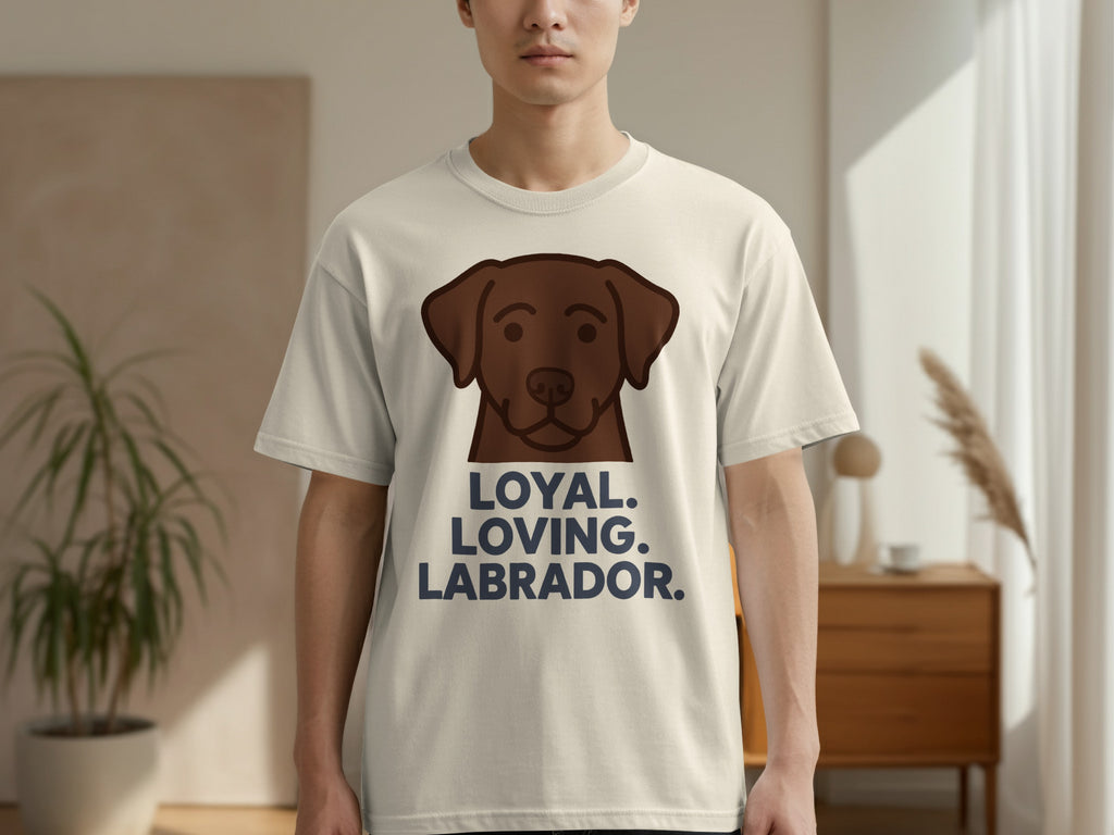 Cream t-shirt with brown Labrador dog graphic and text.